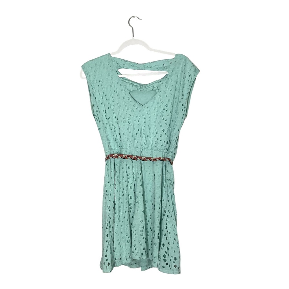 Sequin Hearts Eyelet Dress Aqua Blue Size M Belted Back Cutout Summer Casual‎